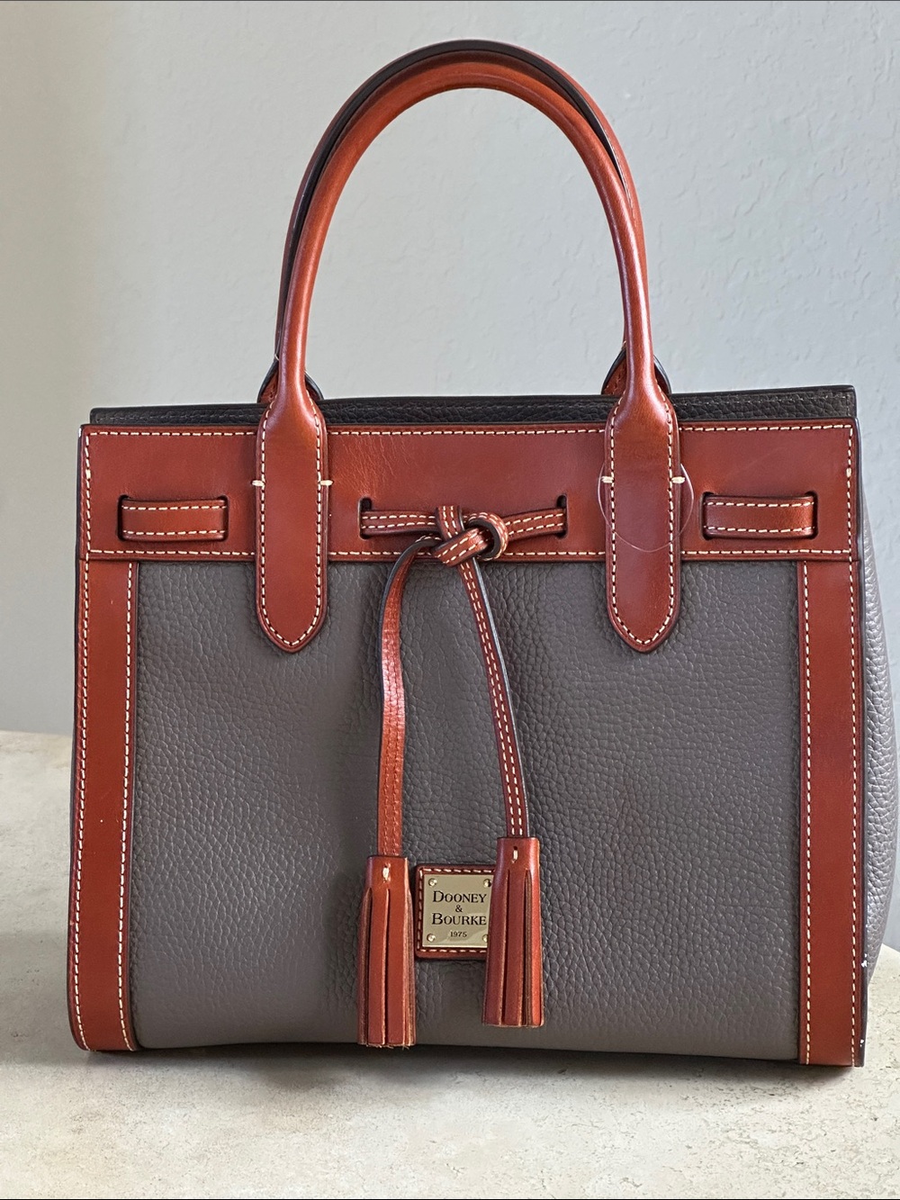 Dooney & Bourke Gray Satchel with Brown Trim